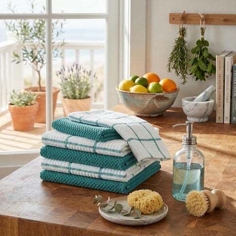 6 Pack Large Kitchen Towels, 16x27 inch Absorbent Dishcloths, 100% Cotton Cleaning Cloth, Teal Set (Pack of 6)