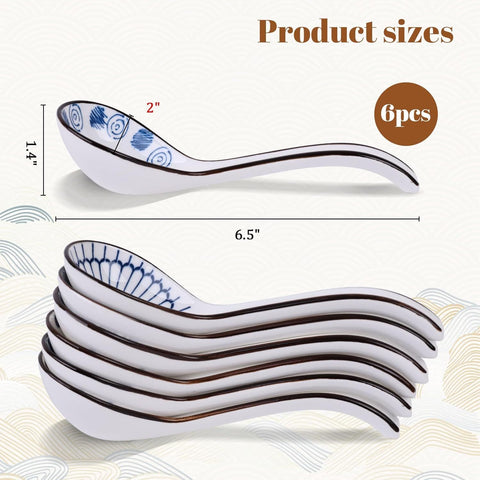 Asian Soup Spoon, 6 PCS Ceramic Soup Spoons for Ramen, Pho, Wonton, Miso, Dumplings, Rice, Noodle, Elegant Gifts for Friends Parents Family, with Long Handle, Easy to Hold, Non-slip Bottom