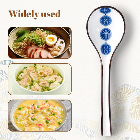 Asian Soup Spoon, 6 PCS Ceramic Soup Spoons for Ramen, Pho, Wonton, Miso, Dumplings, Rice, Noodle, Elegant Gifts for Friends Parents Family, with Long Handle, Easy to Hold, Non-slip Bottom
