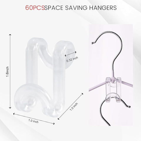 Hanger Hooks Space Saving, 60PCS Clothes Hanger Connector Hooks Closet Space Savers for Hanging Clothes, Clear