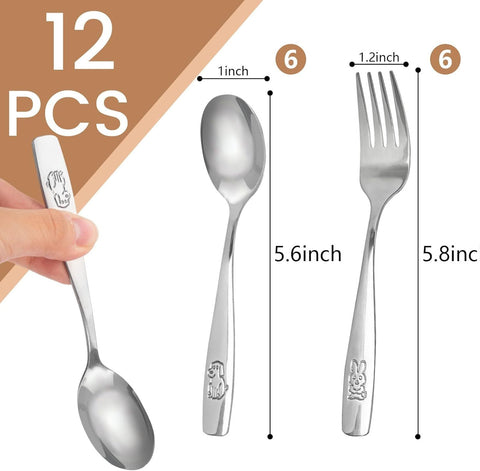 12PCS Toddler Utensils, Stainless Steel Kids Silverware, Safe Toddler Forks and Spoons, Mirror Polished, Dishwasher Safe, with Bunny & Puppy Motifs, Fun Stocking Stuffers for Kids