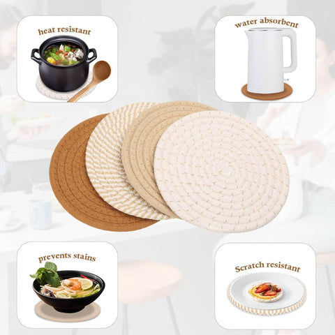7" Trivets for Hot Dishes, Hot pots and Pans, 4 Heat Resistant Hot Pads, Pot Holders for Kitchen, Home Essentials for New Home and Farmhouse Decor, Fall Decorations for Home(Brown)