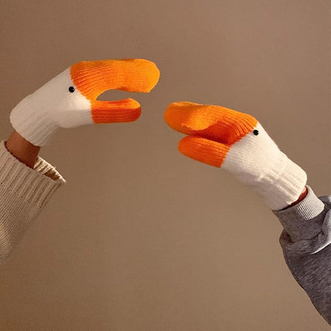Women's Winter Warm Fleece Knitted Mittens wuth Funny Goose Design