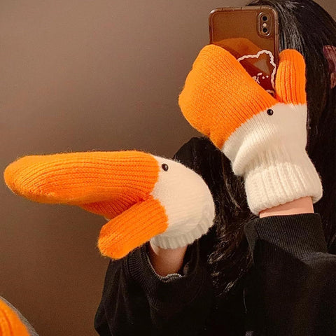 Women's Winter Warm Fleece Knitted Mittens wuth Funny Goose Design