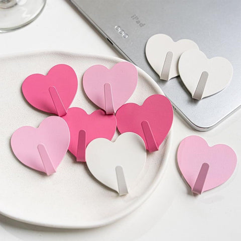 9 Pcs Heart Shaped Adhesive Wall Hooks, Cute Decorative Pink and White Self-Adhesive Hooks for Home Office Organization (White Pink)