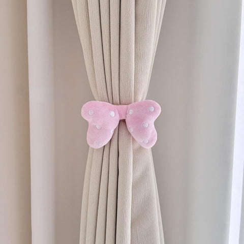 2 Pack Curtain Tiebacks with Pink Plush Bow and White Polka Dot, Snap Button Closure Curtains Holdbacks for Window Decor (Pink)