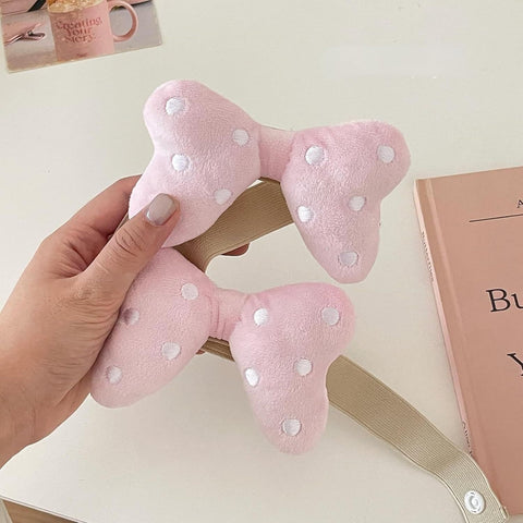 2 Pack Curtain Tiebacks with Pink Plush Bow and White Polka Dot, Snap Button Closure Curtains Holdbacks for Window Decor (Pink)
