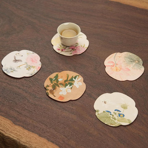 Floral Tea Cup Coasters Set of 5, Double-Sided Absorbent Pads for Heat Insulation, Teaware Accessories (Floral,3.7 inches)