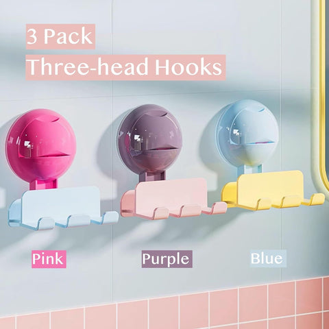 3 Pack Reusable No-Drill No-Trace Vacuum Suction Hooks, Wall-Mounted Toothbrush Holder, Storage Rack for Bathroom (Blue Pink Purple)