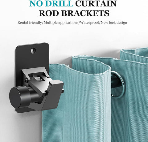 Adhesive No Drill Curtain Rod Brackets - Heavy Duty 30LB Holders for Bathroom Bedroom Kitchen, Universal Damage-Free Window Rod Hooks with Nail-Free Installation (4PC Black)