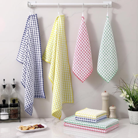 Homaxy 100% Cotton Terry Kitchen Towels(13 x 28 inches, 4 Pack, Black), Kitchen Towels and Dishcloths Set (16 x 25 and 12 x 12 Inches, 8 Pack, Blue/Yellow/Red/Green)