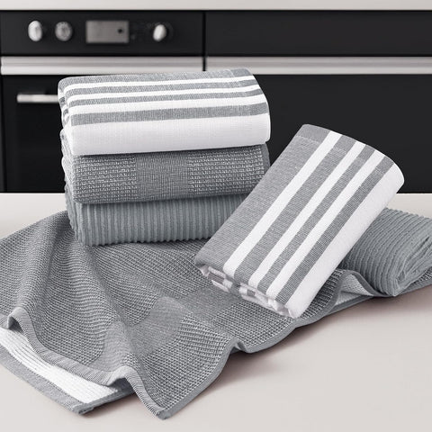Homaxy 100% Cotton Terry Kitchen Towels(Black, 13 x 28 inches), 4 Pack and Premium Kitchen Towels(18”x 28”, 6 Pack), Grey