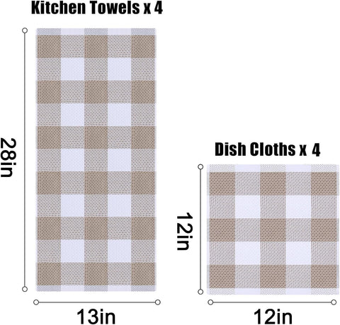 Homaxy 100% Cotton Waffle Weave Check Plaid Kitchen Towels, 13 x 28 Inches, 4-Pack, White & Black and Kitchen Towels and Dishcloths Set, 12 x 12 and 13 x 28 Inches, White & Khaki