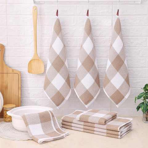 Homaxy 100% Cotton Waffle Weave Check Plaid Kitchen Towels, 13 x 28 Inches, 4-Pack, White & Black and Kitchen Towels and Dishcloths Set, 12 x 12 and 13 x 28 Inches, White & Khaki