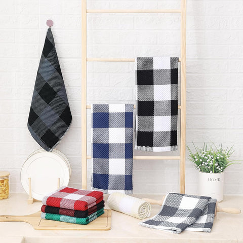 Homaxy 100% Cotton Waffle Weave Check Plaid Kitchen Towels, 13 x 28 Inches, 4-Pack, White & Black and Kitchen Towels and Dishcloths Set, 12 x 12 and 13 x 28 Inches, White & Black