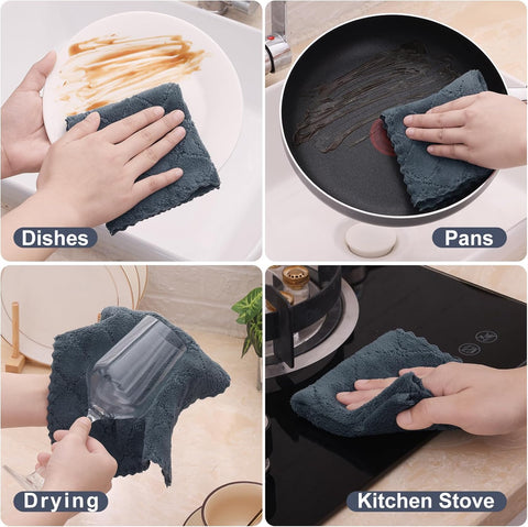 Homaxy Kitchen Towels 16 Pack, 100% Cotton Terry Checkered Black, 13 x 28 inches & 12 Pack Coral Velvet Dish Towels 10 x 10 Inches, Dark Grey