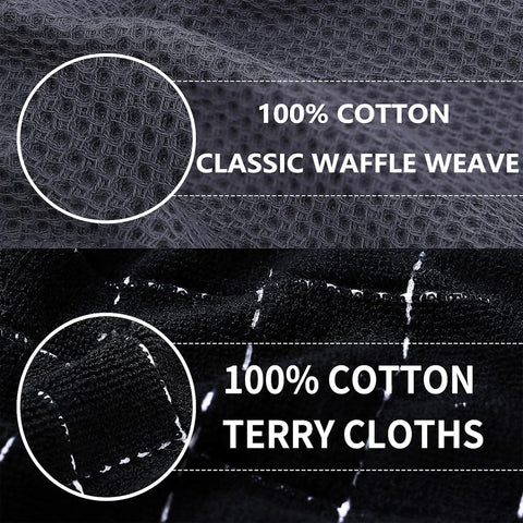 Homaxy 100% Cotton Kitchen Towels and Dishcloths Set(Dark Grey, 8-Pack) and Terry Kitchen Towels(Black, 13 x 28 inches, 4 Pack), Checkered Designed, Ultra Soft Absorbent Dish Towels
