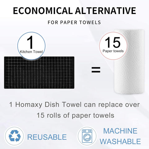 Homaxy 100% Cotton Terry Kitchen Towels and Check Kitchen Towels, 13 x 28 Inches, Set of 8 Super Soft and Absorbent Dish Towels, Black and White & Black