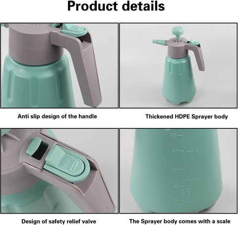 Garden Pump Sprayer, 68 oz/0.5 Gallon Hand Held Pressure Sprayer with Safety Valve ＆ Adjtable Nozzle, Large Capacity Bottle Water Weed Flower Plant Lawn Home Washing Spray 2L (Turquoise)