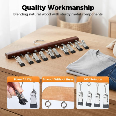 2 Pack Legging Hanger for Closet, with 10 Non Slip Clips Each, Wooden Clothes Hanger for Home Use, Space Saving Hanger for Family (Wood)