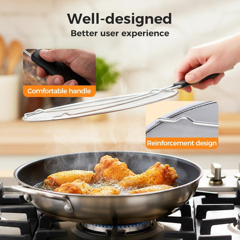 Stainless Steel Grease Splatter Guard, Large Fine Mesh Splatter Screen with Comfort Handle for Frying Pans & Cooking Pots, Fine Mesh Cover, Shield from Grease & Oil (Large)