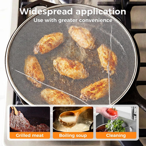 Stainless Steel Grease Splatter Guard, Large Fine Mesh Splatter Screen with Comfort Handle for Frying Pans & Cooking Pots, Fine Mesh Cover, Shield from Grease & Oil (Large)