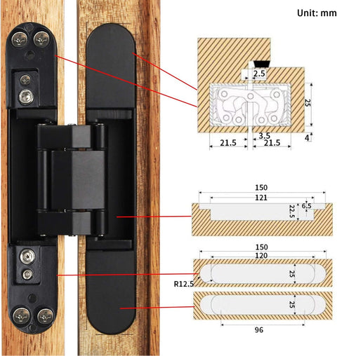 6 inch Hidden Door Hinges Invisible Hinges Concealed Hinges Zinc Alloy 180 Degree Swing Hinge 3 Way Adjtable Butt Hinge 6 x 2.5 x 1 inch (Black Pack of 3)