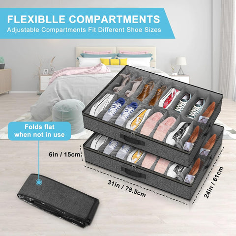 Under Bed Shoe Storage Organizer for Closet, Fits 32 Pairs Underbed Shoes Box Storage Containers Under the Bed Storage Foldable with Sturdy Handles&Clear Window for College Dorms Grey, Set of 2