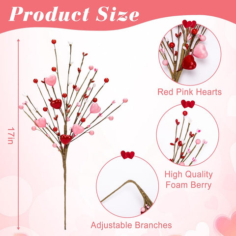 Valentines Day Decorations, Valentine Artificial Flowers Picks Pink Red Heart Shaped Berry Stems Valentines Day Gifts for Home Wedding Candlelight Dinner Anniversary Birthday Party Office Table Decor