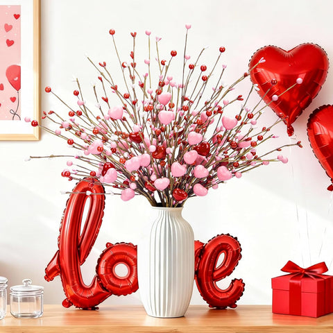 Valentines Day Decorations, Valentine Artificial Flowers Picks Pink Red Heart Shaped Berry Stems Valentines Day Gifts for Home Wedding Candlelight Dinner Anniversary Birthday Party Office Table Decor