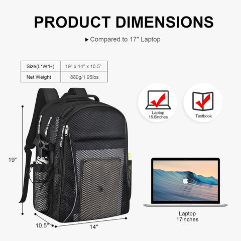 Heavy Duty X-Large Mesh Backpacks for Adults,Semi-Transparent college Backpacks with Rain cover for School, Beach, and Travel (X-Large)