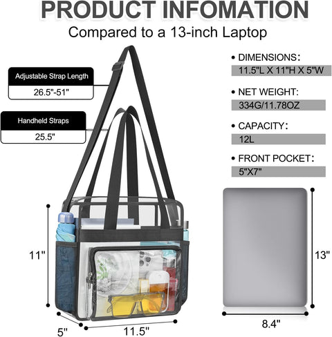 Clear Bag for Stadium Events, 12x6x12 Transparent Stadium Messenger Bag for Concerts, Work, Sports Games, Gym