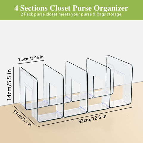 2 Pcs Acrylic Clear Purse Storage Organizers, 4 Sections Dividers in Bedroom Office (bright)