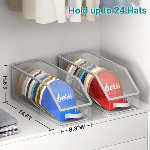 2PCS Stackable Hat Storage for Baseball Caps, Clear Hat Organizer for Closet Holds up to 24 Caps, Men‘s Hat Box Display with Cardboard (Grey)