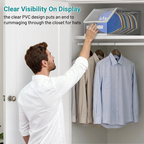 2PCS Stackable Hat Storage for Baseball Caps, Clear Hat Organizer for Closet Holds up to 24 Caps, Men‘s Hat Box Display with Cardboard (Grey)