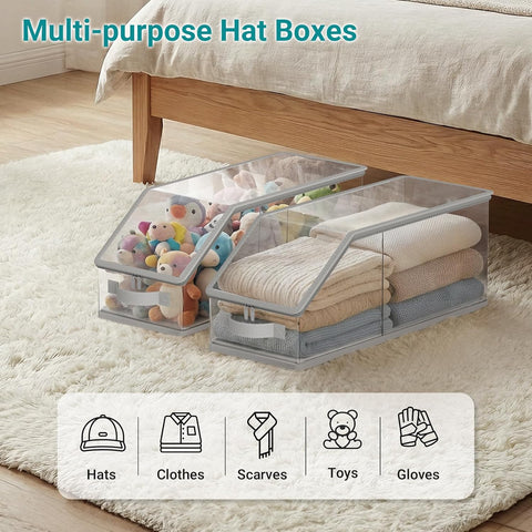 2PCS Stackable Hat Storage for Baseball Caps, Clear Hat Organizer for Closet Holds up to 24 Caps, Men‘s Hat Box Display with Cardboard (Grey)