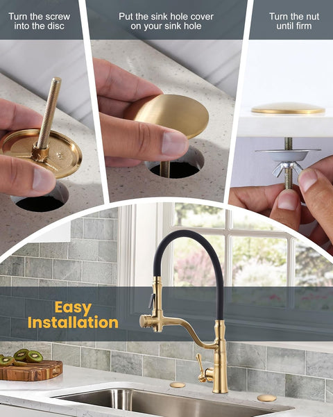 Kitchen Sink Hole Cover, 2 PCS Faucet Plate Stopper, Countertop Cap, Tap Blanking Metal Plug, Brushed Gold