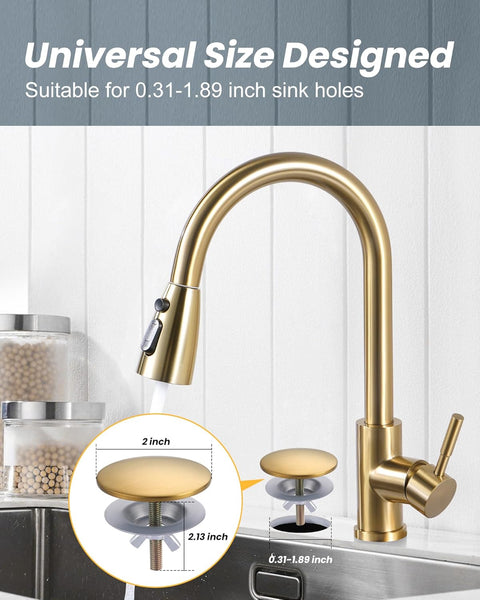 Kitchen Sink Hole Cover, 2 PCS Faucet Plate Stopper, Countertop Cap, Tap Blanking Metal Plug, Brushed Gold