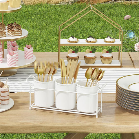 Plastic Silverware Caddy with Metal Rack, Utensil Holder for Party, Cutlery Flatware Organizer for Kitchen Countertop, Forks Spoons Knives Storage for Picnic Camping Outdoor Buffet, White