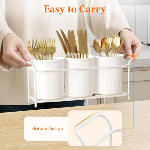 Plastic Silverware Caddy with Metal Rack, Utensil Holder for Party, Cutlery Flatware Organizer for Kitchen Countertop, Forks Spoons Knives Storage for Picnic Camping Outdoor Buffet, White
