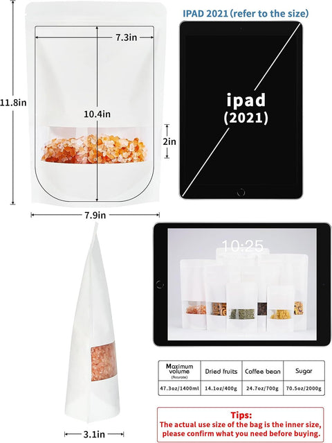 100 Pcs White Paper Bags with Window, 7.9" x 11.8" Stand Up Pouches Bags, Zipper Food Storage Bags for Packaging Products, Reusable, Sealable
