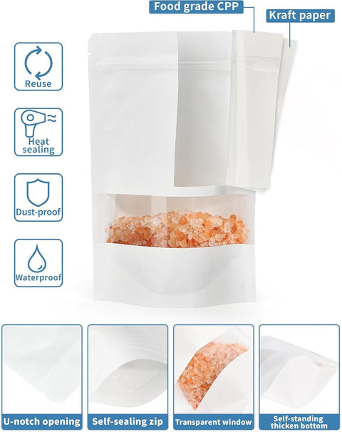 100 Pcs White Paper Bags with Window, 7.9" x 11.8" Stand Up Pouches Bags, Zipper Food Storage Bags for Packaging Products, Reusable, Sealable