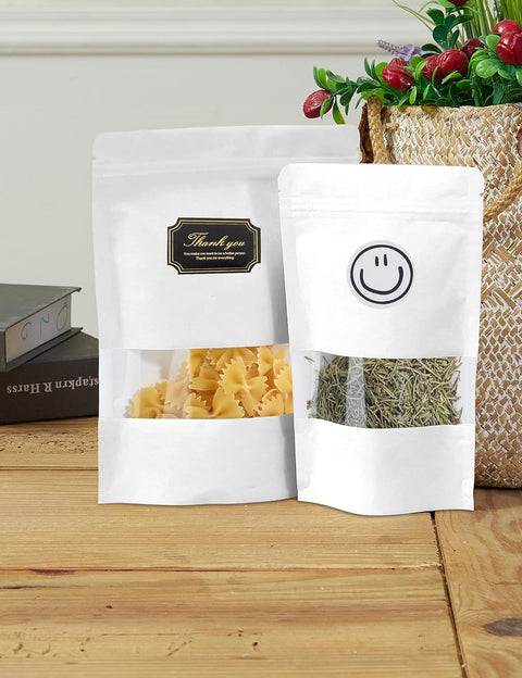 100 Pcs White Paper Bags with Window, 7.9" x 11.8" Stand Up Pouches Bags, Zipper Food Storage Bags for Packaging Products, Reusable, Sealable
