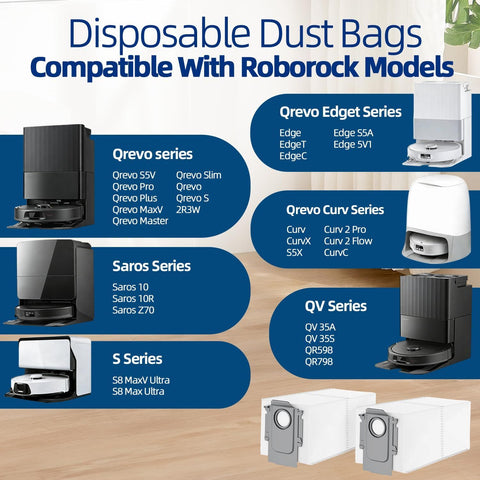 25 Packs Disposable Dust Bags for Roborock QV35A/ Qrevo S5V, Saros 10R/10/Z70, S8 MaxV/Max Ultra, Qrevo MaxV/Pro/Curv/CurvX/Edge/Slim/Edge S5A/Pro/Plus/Master/Qrevo S Robot Vacuum