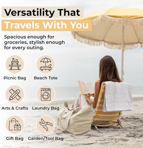 Canvas Grocery Bag 3pc XL Set with Real Pockets, Long Shoulder Strap and Short Handle. Heavy Duty, Foldable, Washable