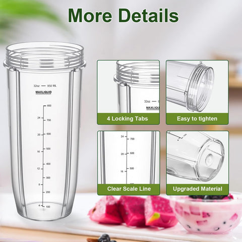 Blender Cups Replacement Parts for Ninja, 32oz Cups with Sip & Seal Lids,Compatible with Ninja Auto IQ Blender BL450 BL480 BL642 BL680 BN801 SS101 SS151
