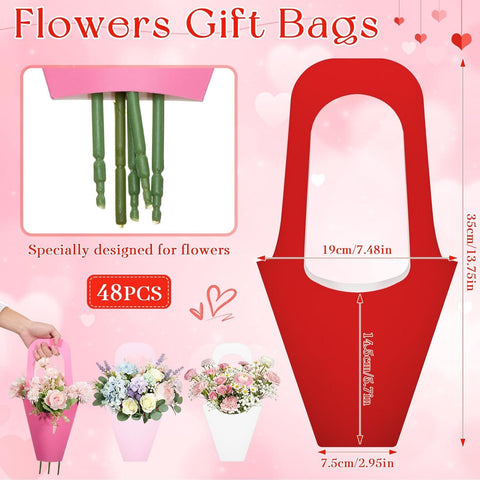 48 Pcs Mother's Day Flower Bouquet Holder Bulk with Handle Pink Red Florist Floral Bouquet Boxes for Arrangements Flower Gift Bags Packaging for Bridal Wedding Birthday Party Decor