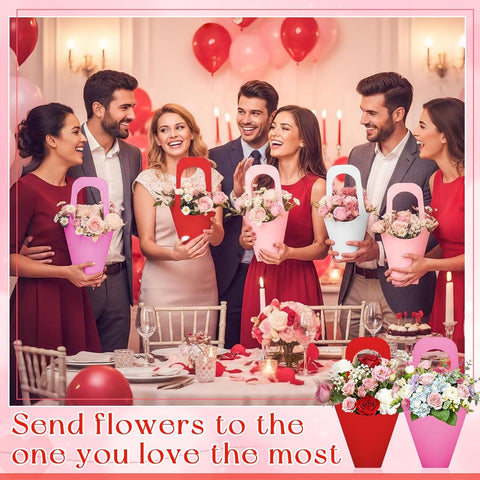 48 Pcs Mother's Day Flower Bouquet Holder Bulk with Handle Pink Red Florist Floral Bouquet Boxes for Arrangements Flower Gift Bags Packaging for Bridal Wedding Birthday Party Decor