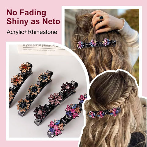 4 Pcs Sparkling Crystal Stone Braided Hair Clips for Women and Girls, 2026 New Hair Braid Clips Easily Braided Hair Bands, Shiny Rhinestone Hair Clip Duckbill Hairpin (Flower)
