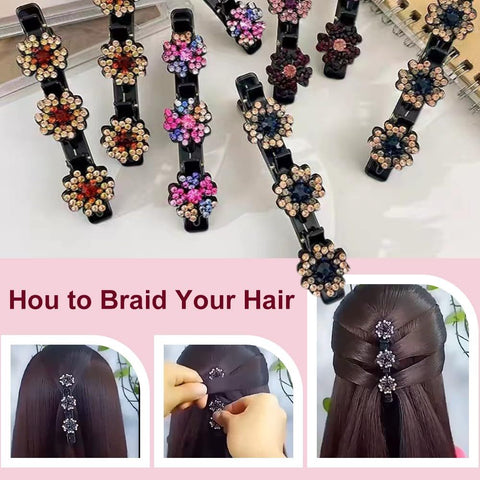4 Pcs Sparkling Crystal Stone Braided Hair Clips for Women and Girls, 2026 New Hair Braid Clips Easily Braided Hair Bands, Shiny Rhinestone Hair Clip Duckbill Hairpin (Flower)
